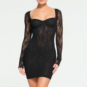 NWT - Skims Stretch Lace Underwire Long Sleeve Unlined Dress - Onyx - Size